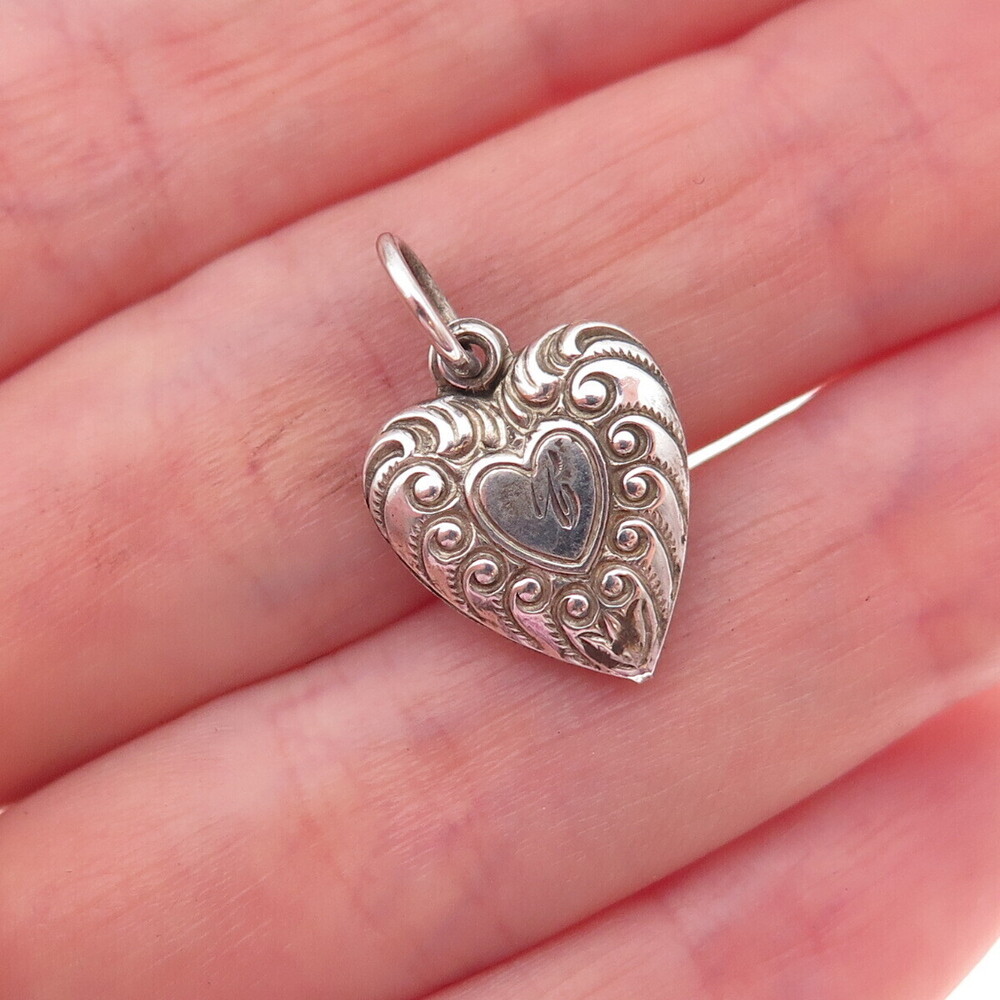 925 Sterling Silver Antique Art Deco Engraved Heart Chatelaine Charm Pendant